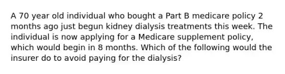 A 70 year old individual who bought a Part B medicare policy 2 months ago just begun kidney dialysis treatments this week. The individual is now applying for a Medicare supplement policy, which would begin in 8 months. Which of the following would the insurer do to avoid paying for the dialysis?