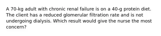 A 70-kg adult with chronic renal failure is on a 40-g protein diet. The client has a reduced glomerular filtration rate and is not undergoing dialysis. Which result would give the nurse the most concern?