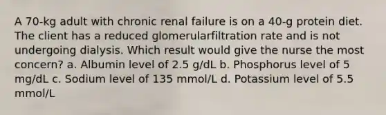 A 70-kg adult with chronic renal failure is on a 40-g protein diet. The client has a reduced glomerularfiltration rate and is not undergoing dialysis. Which result would give the nurse the most concern? a. Albumin level of 2.5 g/dL b. Phosphorus level of 5 mg/dL c. Sodium level of 135 mmol/L d. Potassium level of 5.5 mmol/L