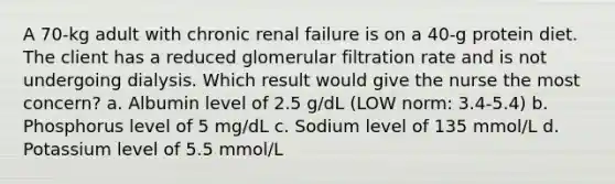 A 70-kg adult with chronic renal failure is on a 40-g protein diet. The client has a reduced glomerular filtration rate and is not undergoing dialysis. Which result would give the nurse the most concern? a. Albumin level of 2.5 g/dL (LOW norm: 3.4-5.4) b. Phosphorus level of 5 mg/dL c. Sodium level of 135 mmol/L d. Potassium level of 5.5 mmol/L