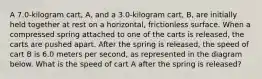 A 7.0-kilogram cart, A, and a 3.0-kilogram cart, B, are initially held together at rest on a horizontal, frictionless surface. When a compressed spring attached to one of the carts is released, the carts are pushed apart. After the spring is released, the speed of cart B is 6.0 meters per second, as represented in the diagram below. What is the speed of cart A after the spring is released?