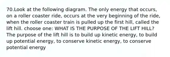 70.Look at the following diagram. The only energy that occurs, on a roller coaster ride, occurs at the very beginning of the ride, when the roller coaster train is pulled up the first hill, called the lift hill. choose one: WHAT IS THE PURPOSE OF THE LIFT HILL? The purpose of the lift hill is to build up kinetic energy, to build up potential energy, to conserve kinetic energy, to conserve potential energy