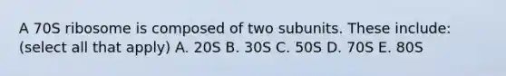 A 70S ribosome is composed of two subunits. These include: (select all that apply) A. 20S B. 30S C. 50S D. 70S E. 80S