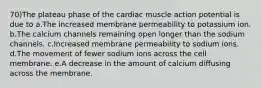 70)The plateau phase of the cardiac muscle action potential is due to a.The increased membrane permeability to potassium ion. b.The calcium channels remaining open longer than the sodium channels. c.Increased membrane permeability to sodium ions. d.The movement of fewer sodium ions across the cell membrane. e.A decrease in the amount of calcium diffusing across the membrane.