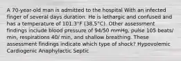 A 70-year-old man is admitted to the hospital With an infected finger of several days duration. He is lethargic and confused and has a temperature of 101.3°F (38,5°C). Other assessment findings include blood pressure of 94/50 mmHg, pulse 105 beats/ min, respirations 40/ min, and shallow breathing. These assessment findings indicate which type of shock? Hypovolemic Cardiogenic Anaphylactic Septic