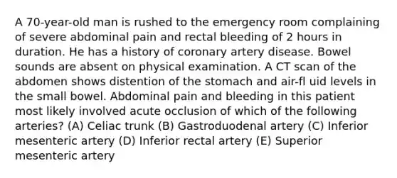 A 70-year-old man is rushed to the emergency room complaining of severe abdominal pain and rectal bleeding of 2 hours in duration. He has a history of coronary artery disease. Bowel sounds are absent on physical examination. A CT scan of the abdomen shows distention of the stomach and air-fl uid levels in the small bowel. Abdominal pain and bleeding in this patient most likely involved acute occlusion of which of the following arteries? (A) Celiac trunk (B) Gastroduodenal artery (C) Inferior mesenteric artery (D) Inferior rectal artery (E) Superior mesenteric artery