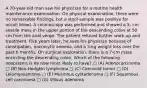 A 70-year-old man saw his physician for a routine health maintenance examination. On physical examination, there were no remarkable findings, but a stool sample was positive for occult blood. A colonoscopy was performed and showed a 5- cm sessile mass in the upper portion of the descending colon at 50 cm from the anal verge. The patient refused further work-up and treatment. Five years later, he sees his physician because of constipation, microcytic anemia, and a 5-kg weight loss over the past 6 months. On surgical exploration, there is a 7-cm mass encircling the descending colon. Which of the following neoplasms is he now most likely to have? □ (A) Adenocarcinoma □ (B) Non-Hodgkin lymphoma □ (C) Carcinoid tumor □ (D) Leiomyosarcoma □ (E) Mucinous cystadenoma □ (F) Squamous cell carcinoma □ (G) Villous adenoma