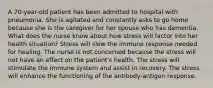 A 70-year-old patient has been admitted to hospital with pneumonia. She is agitated and constantly asks to go home because she is the caregiver for her spouse who has dementia. What does the nurse know about how stress will factor into her health situation? Stress will slow the immune response needed for healing. The nurse is not concerned because the stress will not have an effect on the patient's health. The stress will stimulate the immune system and assist in recovery. The stress will enhance the functioning of the antibody-antigen response.