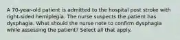 A 70-year-old patient is admitted to the hospital post stroke with right-sided hemiplegia. The nurse suspects the patient has dysphagia. What should the nurse note to confirm dysphagia while assessing the patient? Select all that apply.