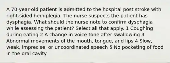 A 70-year-old patient is admitted to the hospital post stroke with right-sided hemiplegia. The nurse suspects the patient has dysphagia. What should the nurse note to confirm dysphagia while assessing the patient? Select all that apply. 1 Coughing during eating 2 A change in voice tone after swallowing 3 Abnormal movements of the mouth, tongue, and lips 4 Slow, weak, imprecise, or uncoordinated speech 5 No pocketing of food in the oral cavity