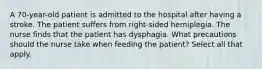 A 70-year-old patient is admitted to the hospital after having a stroke. The patient suffers from right-sided hemiplegia. The nurse finds that the patient has dysphagia. What precautions should the nurse take when feeding the patient? Select all that apply.