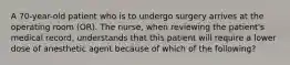 A 70-year-old patient who is to undergo surgery arrives at the operating room (OR). The nurse, when reviewing the patient's medical record, understands that this patient will require a lower dose of anesthetic agent because of which of the following?