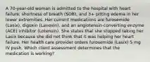 A 70-year-old woman is admitted to the hospital with heart failure, shortness of breath (SOB), and 3+ pitting edema in her lower extremities. Her current medications are furosemide (Lasix), digoxin (Lanoxin), and an angiotensin-converting enzyme (ACE) inhibitor (Lotensin). She states that she stopped taking her Lasix because she did not think that it was helping her heart failure. Her health care provider orders furosemide (Lasix) 5 mg IV push. Which client assessment determines that the medication is working?