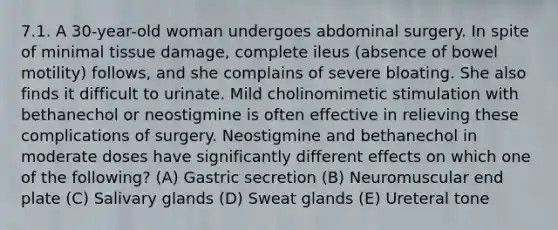 7.1. A 30-year-old woman undergoes abdominal surgery. In spite of minimal tissue damage, complete ileus (absence of bowel motility) follows, and she complains of severe bloating. She also finds it difficult to urinate. Mild cholinomimetic stimulation with bethanechol or neostigmine is often effective in relieving these complications of surgery. Neostigmine and bethanechol in moderate doses have significantly different effects on which one of the following? (A) Gastric secretion (B) Neuromuscular end plate (C) Salivary glands (D) Sweat glands (E) Ureteral tone