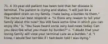 71. A 33-year-old patient has been told that her disease is terminal. The patient is crying and states, "I will just be a dependent drain on my family. I hate being a burden to them." The nurse can best respond: a. "Is there any reason to tell your family about this now? You still have some time in which you can enjoy life." b. "You have heard some very bad news today. Can you describe what you mean by burden?" c. "I doubt that your loving family will view your terminal care as a burden." d. "I know. I would feel terrible if I had been told I was dying."