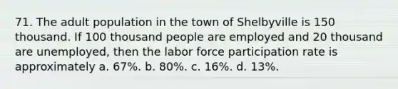 71. The adult population in the town of Shelbyville is 150 thousand. If 100 thousand people are employed and 20 thousand are unemployed, then the labor force participation rate is approximately a. 67%. b. 80%. c. 16%. d. 13%.