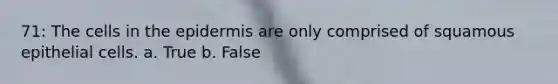 71: The cells in <a href='https://www.questionai.com/knowledge/kBFgQMpq6s-the-epidermis' class='anchor-knowledge'>the epidermis</a> are only comprised of squamous epithelial cells. a. True b. False