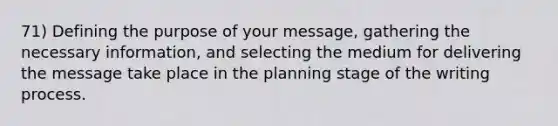 71) Defining the purpose of your message, gathering the necessary information, and selecting the medium for delivering the message take place in the planning stage of the writing process.