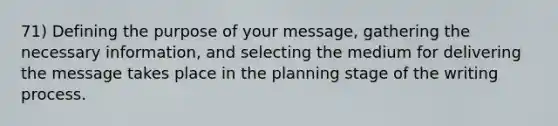 71) Defining the purpose of your message, gathering the necessary information, and selecting the medium for delivering the message takes place in the planning stage of the writing process.