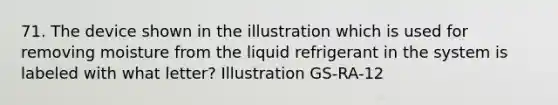 71. The device shown in the illustration which is used for removing moisture from the liquid refrigerant in the system is labeled with what letter? Illustration GS-RA-12