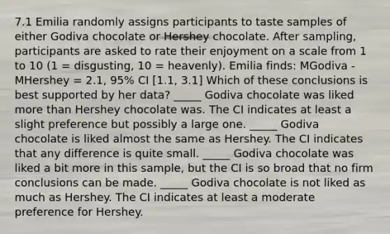 7.1 Emilia randomly assigns participants to taste samples of either Godiva chocolate or Hershey chocolate. After sampling, participants are asked to rate their enjoyment on a scale from 1 to 10 (1 = disgusting, 10 = heavenly). Emilia finds: MGodiva - MHershey = 2.1, 95% CI [1.1, 3.1] Which of these conclusions is best supported by her data? _____ Godiva chocolate was liked more than Hershey chocolate was. The CI indicates at least a slight preference but possibly a large one. _____ Godiva chocolate is liked almost the same as Hershey. The CI indicates that any difference is quite small. _____ Godiva chocolate was liked a bit more in this sample, but the CI is so broad that no firm conclusions can be made. _____ Godiva chocolate is not liked as much as Hershey. The CI indicates at least a moderate preference for Hershey.