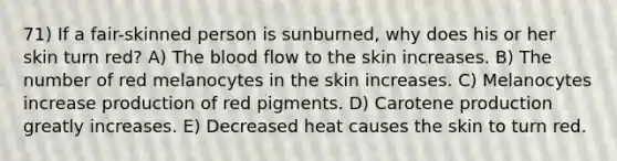 71) If a fair-skinned person is sunburned, why does his or her skin turn red? A) The blood flow to the skin increases. B) The number of red melanocytes in the skin increases. C) Melanocytes increase production of red pigments. D) Carotene production greatly increases. E) Decreased heat causes the skin to turn red.