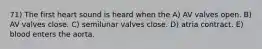 71) The first heart sound is heard when the A) AV valves open. B) AV valves close. C) semilunar valves close. D) atria contract. E) blood enters the aorta.