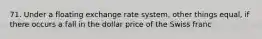 71. Under a floating exchange rate system, other things equal, if there occurs a fall in the dollar price of the Swiss franc