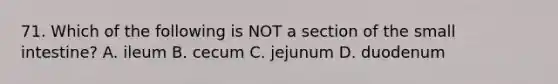 71. Which of the following is NOT a section of the small intestine? A. ileum B. cecum C. jejunum D. duodenum