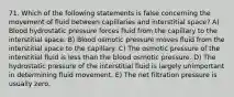 71. Which of the following statements is false concerning the movement of fluid between capillaries and interstitial space? A) Blood hydrostatic pressure forces fluid from the capillary to the interstitial space. B) Blood osmotic pressure moves fluid from the interstitial space to the capillary. C) The osmotic pressure of the interstitial fluid is less than the blood osmotic pressure. D) The hydrostatic pressure of the interstitial fluid is largely unimportant in determining fluid movement. E) The net filtration pressure is usually zero.