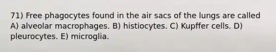 71) Free phagocytes found in the air sacs of the lungs are called A) alveolar macrophages. B) histiocytes. C) Kupffer cells. D) pleurocytes. E) microglia.