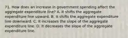 71. How does an increase in government spending affect the aggregate expenditure line? A. It shifts the aggregate expenditure line upward. B. It shifts the aggregate expenditure line downward. C. It increases the slope of the aggregate expenditure line. D. It decreases the slope of the aggregate expenditure line.