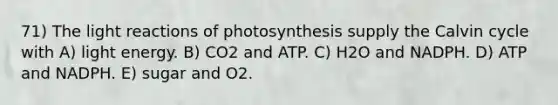 71) The light reactions of photosynthesis supply the Calvin cycle with A) light energy. B) CO2 and ATP. C) H2O and NADPH. D) ATP and NADPH. E) sugar and O2.