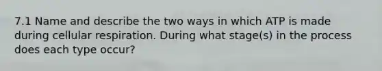 7.1 Name and describe the two ways in which ATP is made during cellular respiration. During what stage(s) in the process does each type occur?