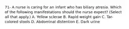 71- A nurse is caring for an infant who has biliary atresia. Which of the following manifestations should the nurse expect? (Select all that apply.) A. Yellow sclerae B. Rapid weight gain C. Tar-colored stools D. Abdominal distention E. Dark urine