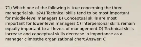 71) Which one of the following is true concerning the three managerial skills?A) Technical skills tend to be most important for middle-level managers.B) Conceptual skills are most important for lower-level managers.C) Interpersonal skills remain equally important to all levels of management.D) Technical skills increase and conceptual skills decrease in importance as a manager climbsthe organizational chart.Answer: C