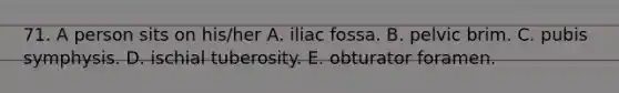 71. A person sits on his/her A. iliac fossa. B. pelvic brim. C. pubis symphysis. D. ischial tuberosity. E. obturator foramen.