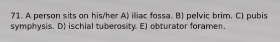 71. A person sits on his/her A) iliac fossa. B) pelvic brim. C) pubis symphysis. D) ischial tuberosity. E) obturator foramen.