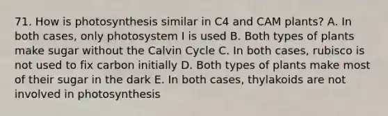 71. How is photosynthesis similar in C4 and CAM plants? A. In both cases, only photosystem I is used B. Both types of plants make sugar without the Calvin Cycle C. In both cases, rubisco is not used to fix carbon initially D. Both types of plants make most of their sugar in the dark E. In both cases, thylakoids are not involved in photosynthesis