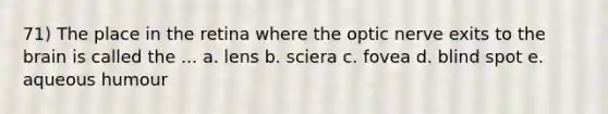 71) The place in the retina where the optic nerve exits to the brain is called the ... a. lens b. sciera c. fovea d. blind spot e. aqueous humour