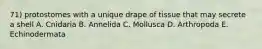 71) protostomes with a unique drape of tissue that may secrete a shell A. Cnidaria B. Annelida C. Mollusca D. Arthropoda E. Echinodermata