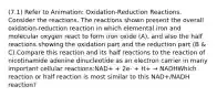 (7.1) Refer to Animation: Oxidation-Reduction Reactions. Consider the reactions. The reactions shown present the overall oxidation-reduction reaction in which elemental iron and molecular oxygen react to form iron oxide (A), and also the half reactions showing the oxidation part and the reduction part (B & C).Compare this reaction and its half reactions to the reaction of nicotinamide adenine dinucleotide as an electron carrier in many important cellular reactions:NAD+ + 2e- + H+ → NADHWhich reaction or half reaction is most similar to this NAD+/NADH reaction?