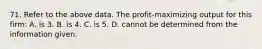 71. Refer to the above data. The profit-maximizing output for this firm: A. is 3. B. is 4. C. is 5. D. cannot be determined from the information given.