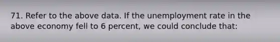 71. Refer to the above data. If the unemployment rate in the above economy fell to 6 percent, we could conclude that: