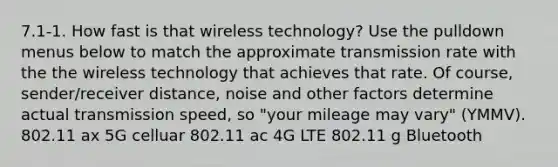 7.1-1. How fast is that wireless technology? Use the pulldown menus below to match the approximate transmission rate with the the wireless technology that achieves that rate. Of course, sender/receiver distance, noise and other factors determine actual transmission speed, so "your mileage may vary" (YMMV). 802.11 ax 5G celluar 802.11 ac 4G LTE 802.11 g Bluetooth