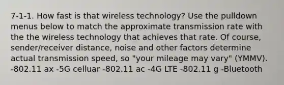 7-1-1. How fast is that wireless technology? Use the pulldown menus below to match the approximate transmission rate with the the wireless technology that achieves that rate. Of course, sender/receiver distance, noise and other factors determine actual transmission speed, so "your mileage may vary" (YMMV). -802.11 ax -5G celluar -802.11 ac -4G LTE -802.11 g -Bluetooth