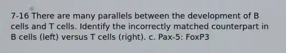 7-16 There are many parallels between the development of B cells and T cells. Identify the incorrectly matched counterpart in B cells (left) versus T cells (right). c. Pax-5: FoxP3