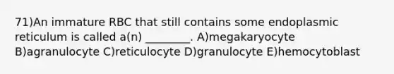 71)An immature RBC that still contains some endoplasmic reticulum is called a(n) ________. A)megakaryocyte B)agranulocyte C)reticulocyte D)granulocyte E)hemocytoblast