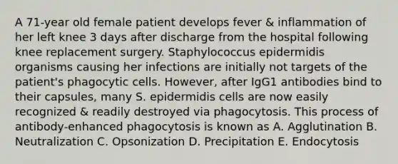 A 71-year old female patient develops fever & inflammation of her left knee 3 days after discharge from the hospital following knee replacement surgery. Staphylococcus epidermidis organisms causing her infections are initially not targets of the patient's phagocytic cells. However, after IgG1 antibodies bind to their capsules, many S. epidermidis cells are now easily recognized & readily destroyed via phagocytosis. This process of antibody-enhanced phagocytosis is known as A. Agglutination B. Neutralization C. Opsonization D. Precipitation E. Endocytosis