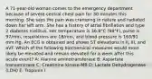 A 71-year-old woman comes to the emergency department because of severe central chest pain for 30 minutes this morning. She says the pain was cramping in nature and radiated down her left arm. She has a history of atrial fibrillation and type 2 diabetes mellitus. Her temperature is 36.8°C (98°F), pulse is 97/min, respirations are 18/min, and blood pressure is 163/91 mm Hg. An ECG is obtained and shows ST elevations in II, III, and aVF. Which of the following biochemical measures would most likely be elevated and remain elevated for a week after this acute event? A: Alanine aminotransferase B: Aspartate transaminase C: Creatinine kinase-MB D: Lactate Dehydrogenase (LDH) E: Troponin I